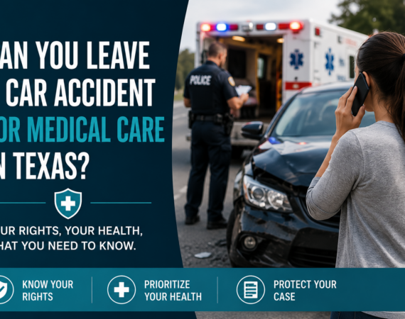 Can you leave the scene of a car accident to go to the hospital in Texas? Featured image showing a car crash, ambulance, police officer, and injured driver.