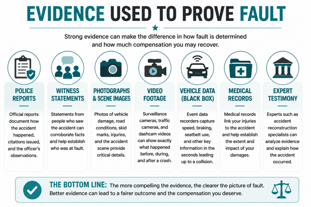 Infographic showing the types of evidence used to prove fault in a Texas accident case, including police reports, witness statements, photographs, video footage, black box data, medical records, and expert testimony.