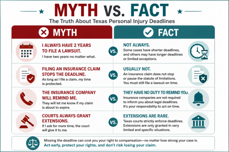 Myth vs. Fact infographic explaining common misconceptions about the Texas statute of limitations for personal injury lawsuits, including filing deadlines, insurance claims, and legal exceptions.