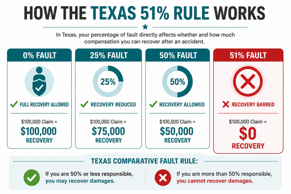 Infographic explaining the Texas 51% comparative fault rule and how fault percentages affect injury claim compensation.