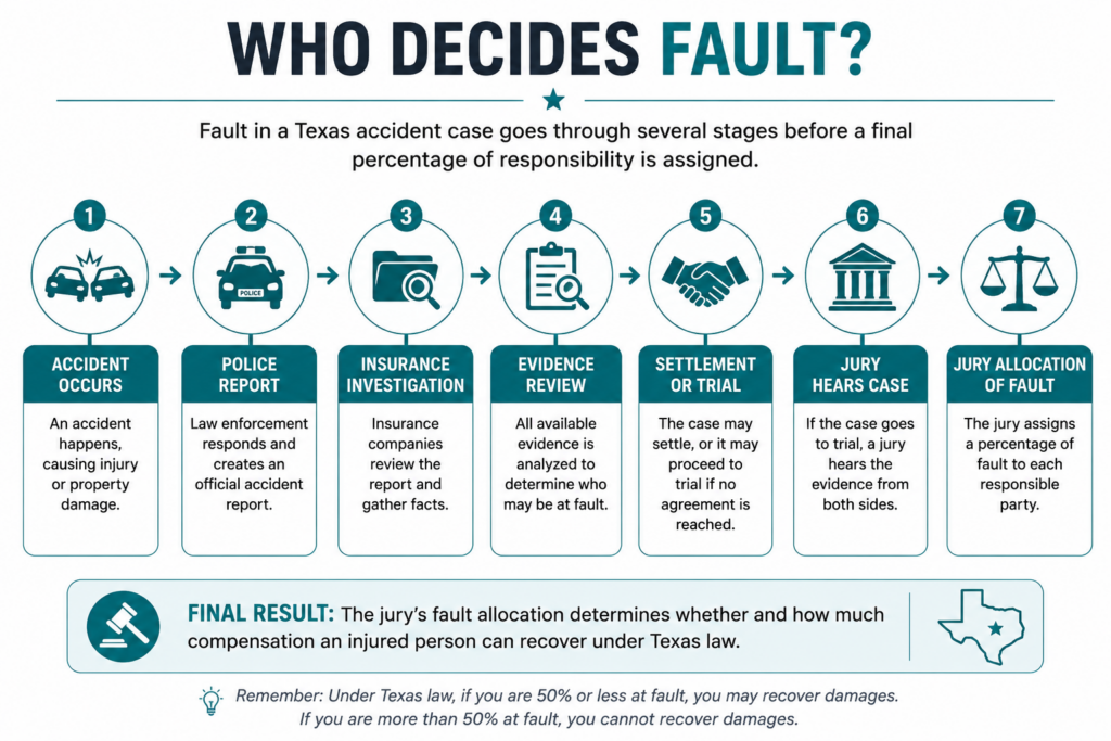 Flowchart infographic showing how fault is determined in a Texas accident case, from the accident and police report through insurance investigation, trial, and jury fault allocation.