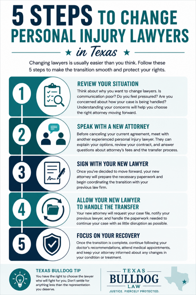 5-step infographic explaining how to change personal injury lawyers in Texas, including reviewing your situation, hiring a new attorney, transferring your case file, and continuing your injury claim.