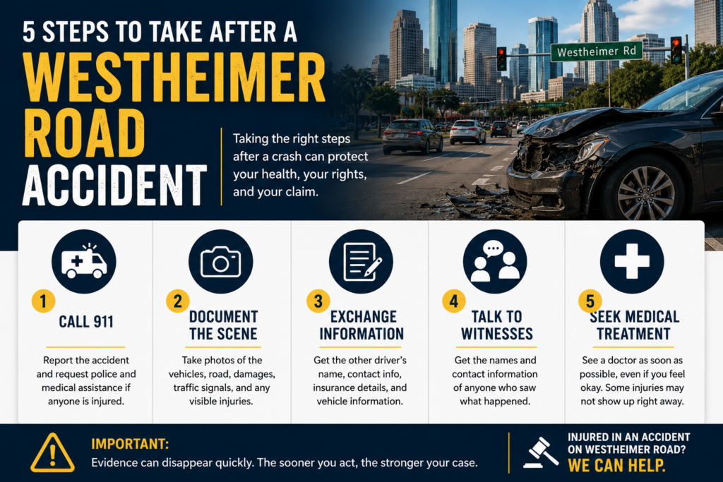 Infographic showing five important steps to take after a Westheimer Road accident in Houston, including calling 911, documenting the scene, exchanging information, talking to witnesses, and seeking medical treatment.