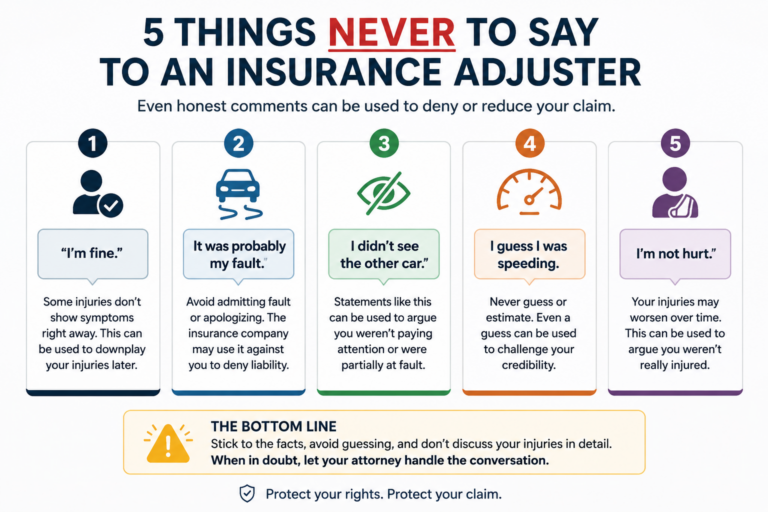 Infographic showing five common statements that can hurt a Texas car accident claim when speaking to an insurance adjuster.