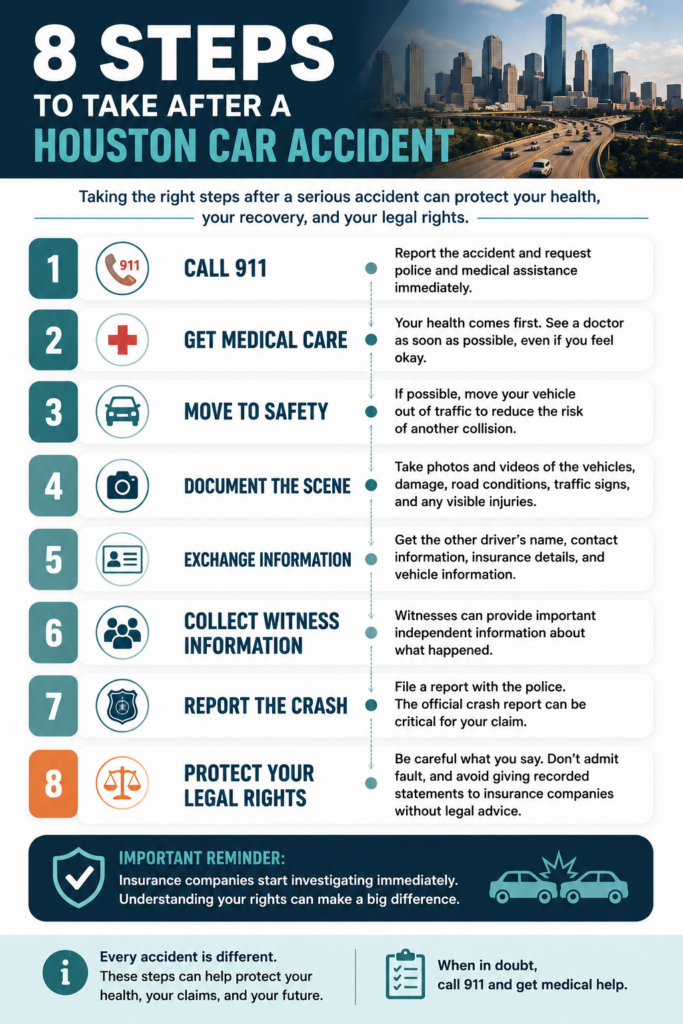 Infographic showing the eight most important steps to take after a Houston car accident, including calling 911, seeking medical care, documenting the scene, and protecting your legal rights.