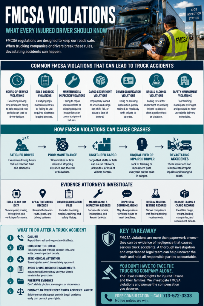 Infographic showing the most common FMCSA violations, including hours-of-service, ELD, maintenance, cargo securement, driver qualification, and drug and alcohol testing violations that can contribute to commercial truck accidents.