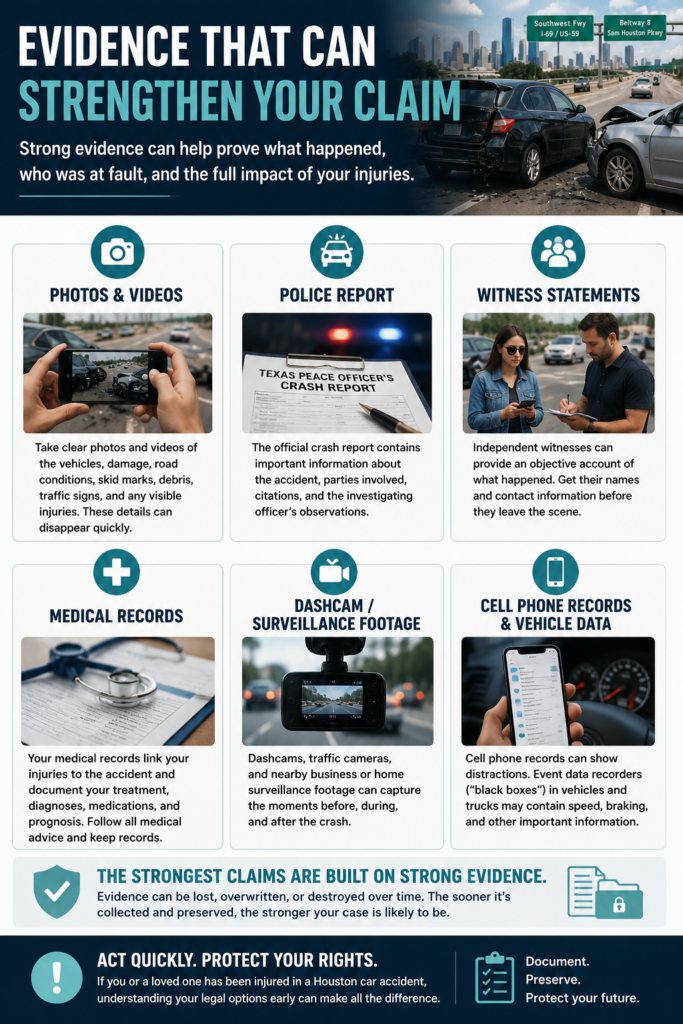 Infographic showing the types of evidence that can strengthen a Houston car accident claim, including photos, police reports, witness statements, medical records, dashcam footage, and vehicle data.