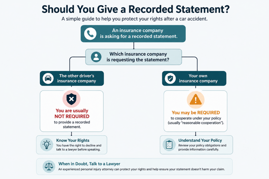 Decision tree showing when you should and should not give a recorded statement after a Texas car accident.