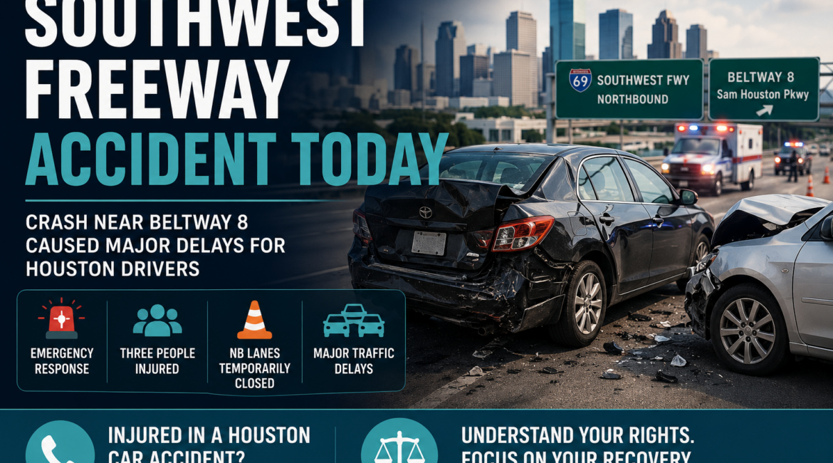 Featured image showing a serious Southwest Freeway accident near Beltway 8 in Houston with emergency responders and damaged vehicles.