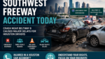 Featured image showing a serious Southwest Freeway accident near Beltway 8 in Houston with emergency responders and damaged vehicles.