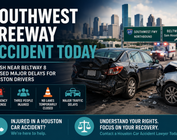 Featured image showing a serious Southwest Freeway accident near Beltway 8 in Houston with emergency responders and damaged vehicles.