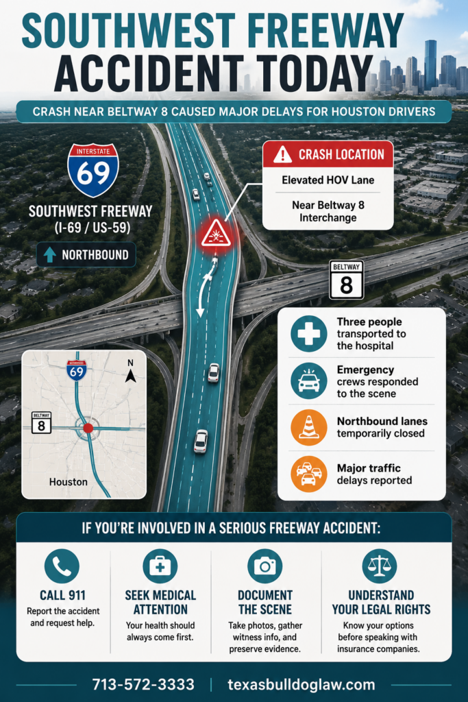 Map showing the location of the Southwest Freeway accident near Beltway 8 in Houston and key facts about the freeway crash.