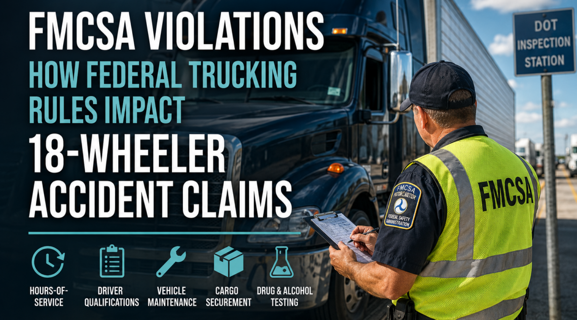 FMCSA inspector examining a commercial semi-truck during a roadside inspection to identify federal trucking safety violations.