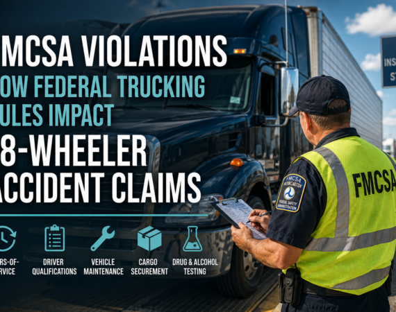 FMCSA inspector examining a commercial semi-truck during a roadside inspection to identify federal trucking safety violations.