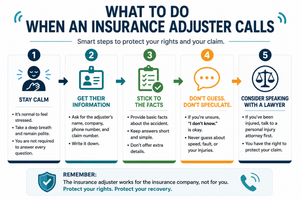 Infographic outlining five steps to take when an insurance adjuster calls after a Texas car accident.