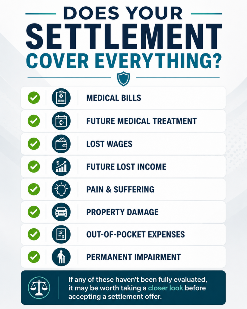 Checklist showing the types of damages that should be considered before accepting a Texas car accident settlement, including medical bills, lost wages, pain and suffering, and future medical treatment.