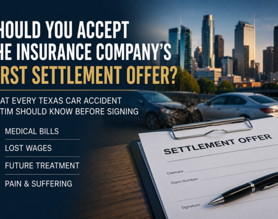 Settlement offer document after a Texas car accident illustrating factors to consider before accepting an insurance company's first settlement offer.