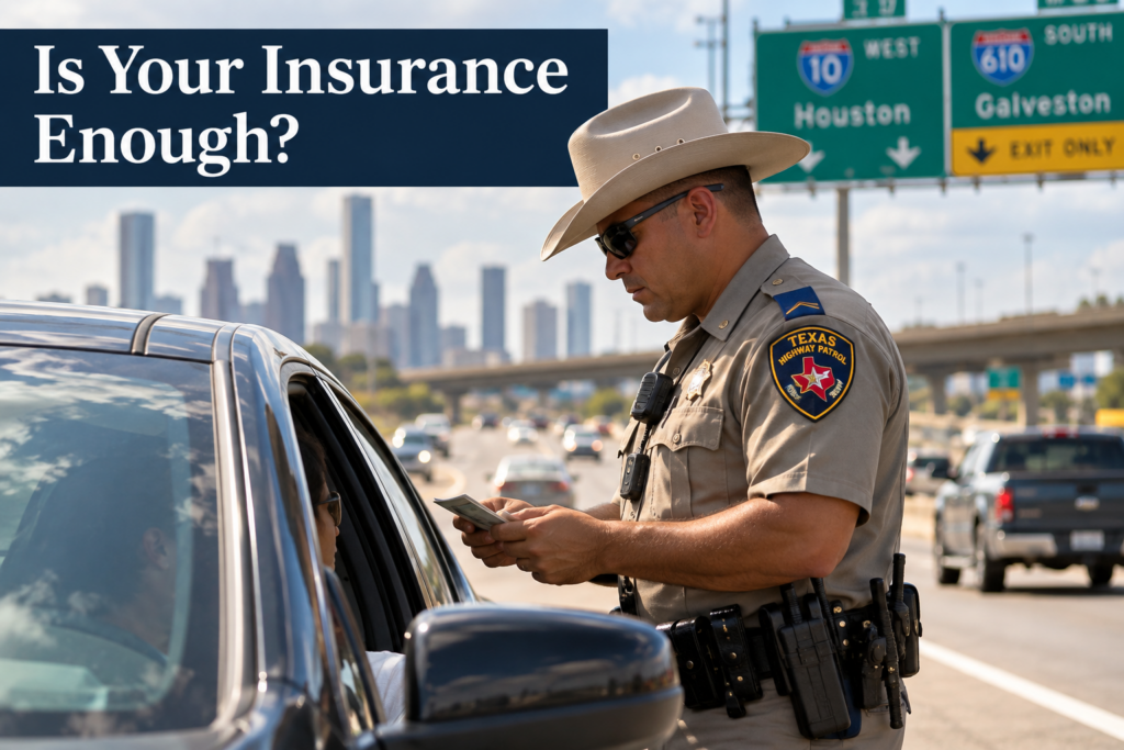 Texas Highway Patrol officer checking a driver's auto insurance during a traffic stop near downtown Houston