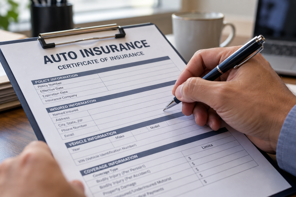 Close-up of a hand filling out an auto insurance certificate of insurance form on a clipboard