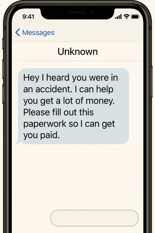 Graphic of a phone receiving an illegal solicitation text message – barratry in Texas